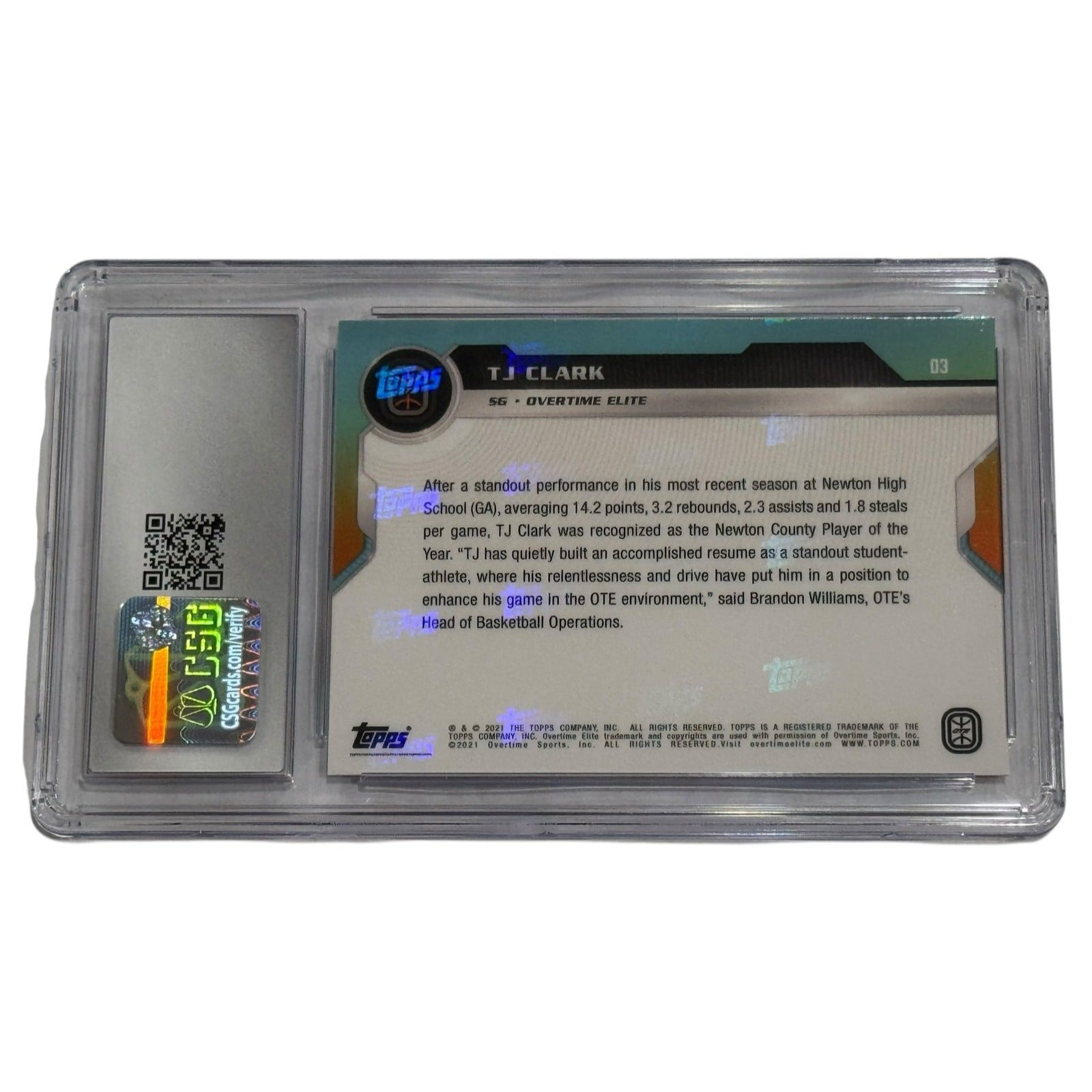 TJ Clark 2021-22 Topps Now Overtime Elite rookie card graded CSG 10 Gem Mint in protective case
