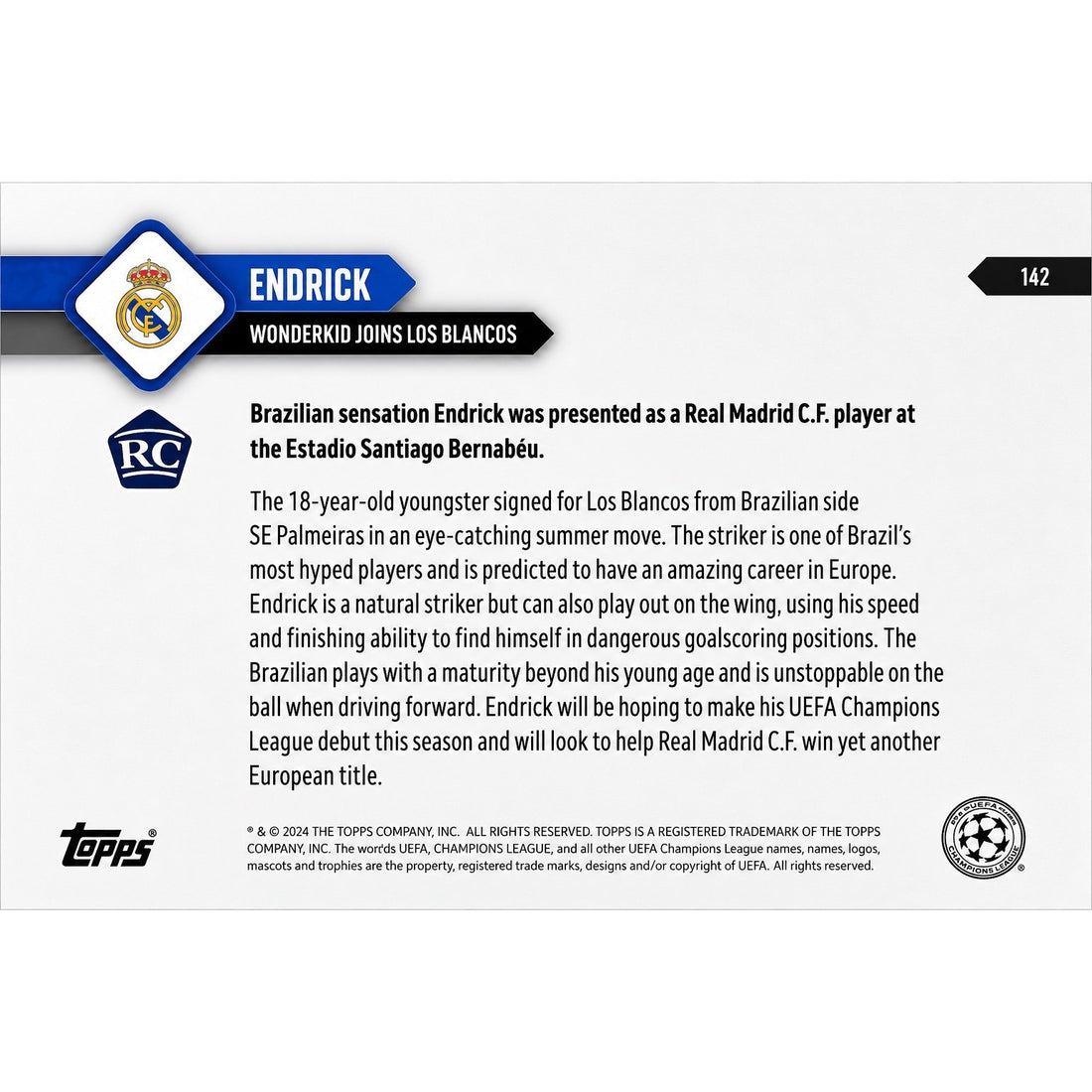 6998 PR NM 2024 Topps NOW Endrick RC 142 Wonderkid Joins Los Blancos Real Madrid