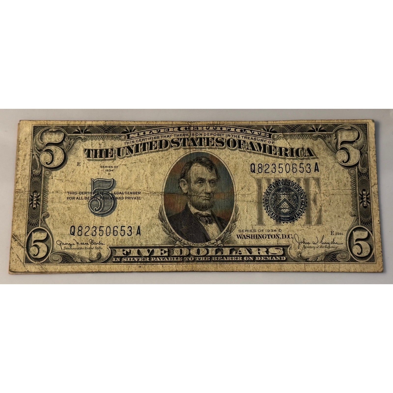 **1934**! D $5 Silver Certificate Blue Seal Clark Snyder Circulated **US Note**!
