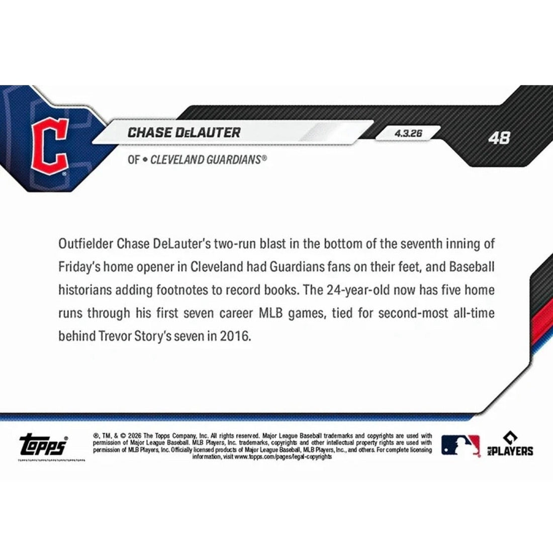 2791 PR Chase DeLauter POWER SURGE RC 2026 MLB Topps NOW #48 Guardians Rookie