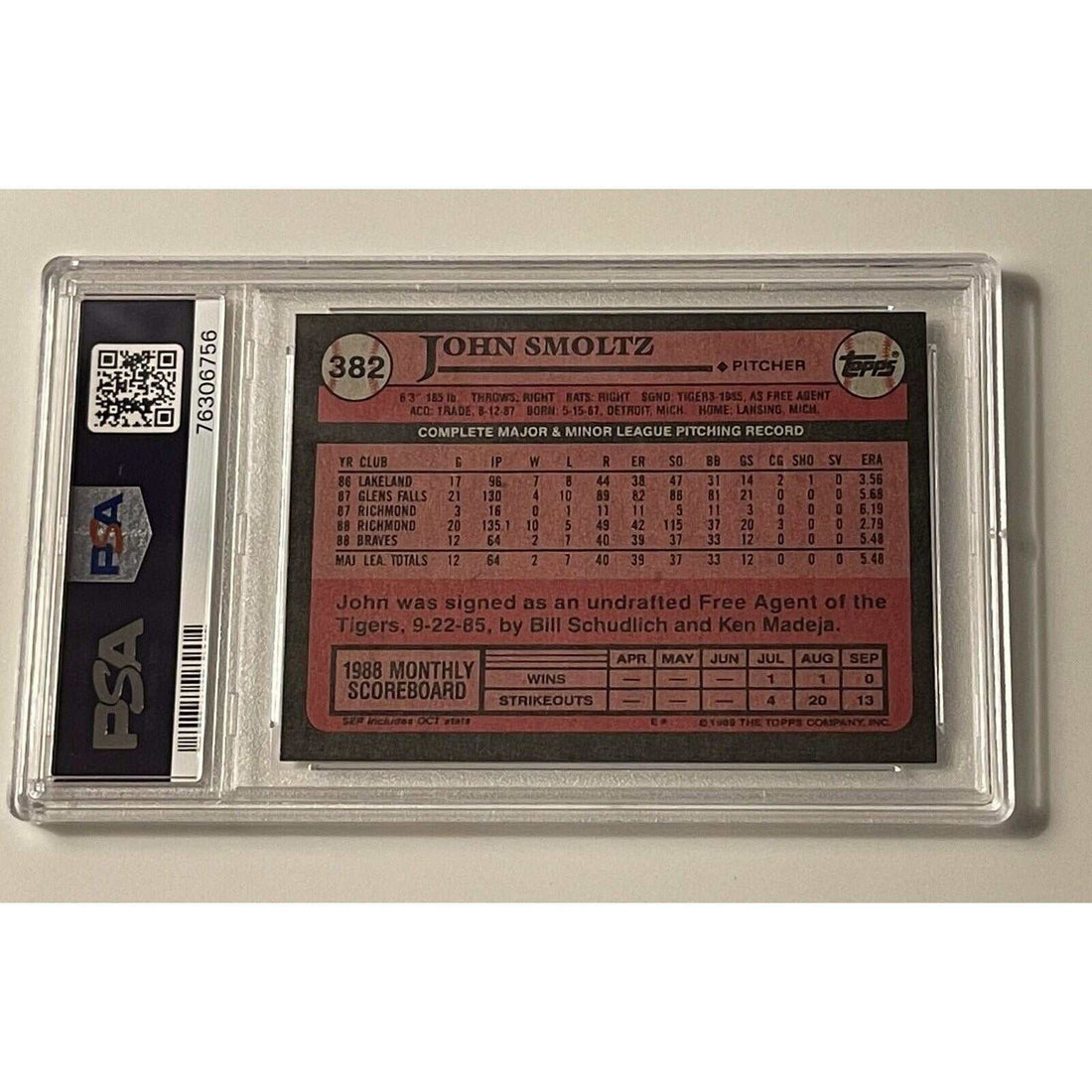 1989 Topps John Smoltz Braves baseball card graded PSA 7 in protective case 2023 Topps Series 2