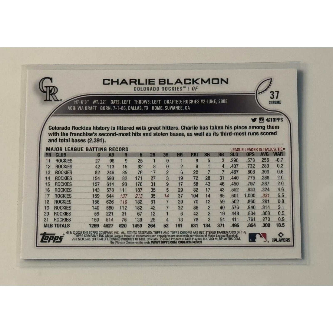 2022 Topps Chrome Sonic Charlie Blackmon Colorado Rockies baseball card color Sonic Pulse refractor