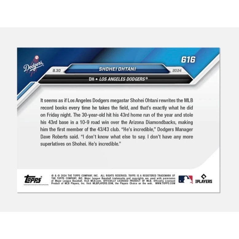 Shohei Ohtani 2024 Topps NOW #616 MLB Dodgers 43 HR 43 SB Historic Season
