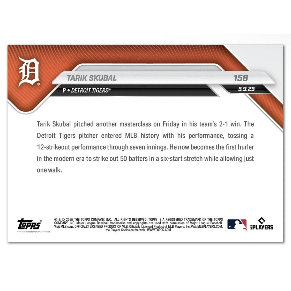 2025 Topps Now Tarik Skubal* 7th -50:1 K/BB Ratio - MLB Detroit Tigers Card #158