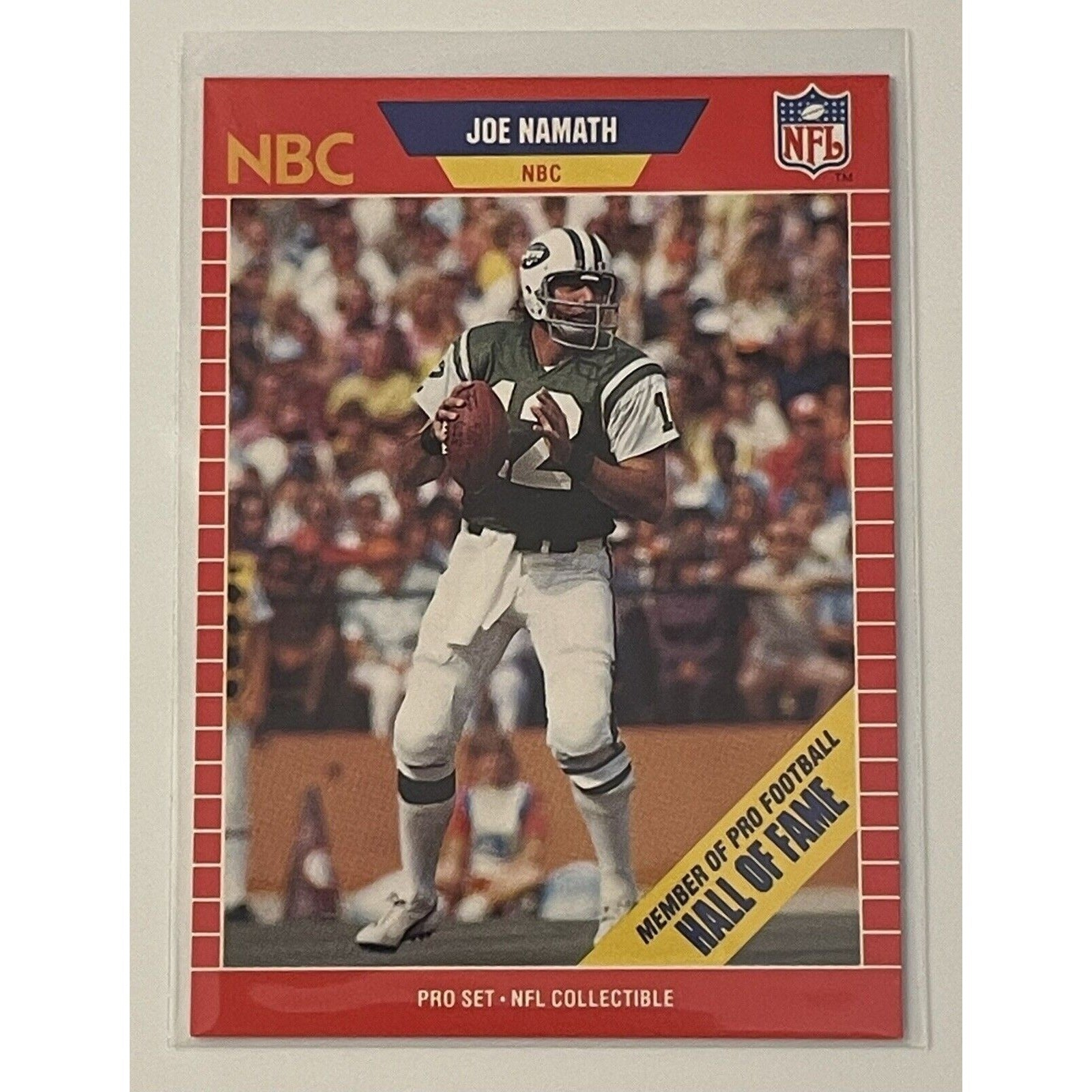 Joe Namath 1989 Pro Set NFL collectible card showing Hall of Fame New York Jets quarterback in game action