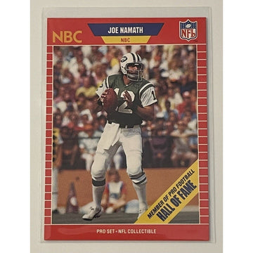 Joe Namath 1989 Pro Set NFL collectible card showing Hall of Fame New York Jets quarterback in game action
