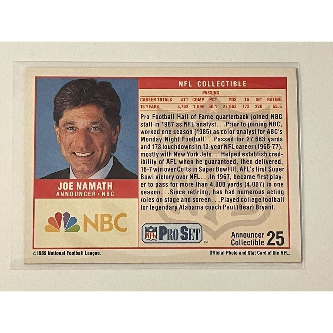 Joe Namath 1989 Pro Set NFL New York Jets Hall of Fame collectible card