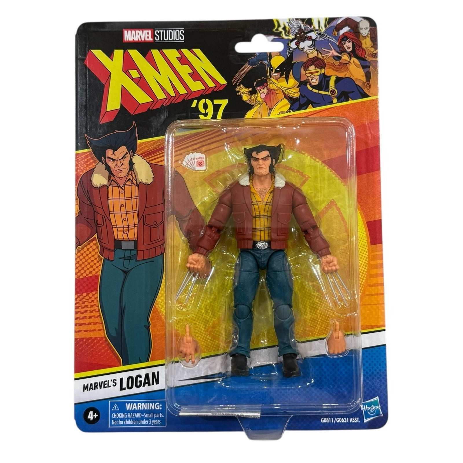 Marvel Legends X Men 97 Logan Wolverine action figure in sealed packaging with animated style and interchangeable hands