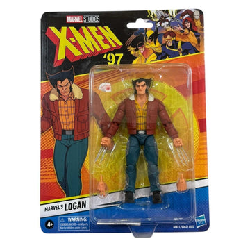 Marvel Legends X Men 97 Logan Wolverine action figure in sealed packaging with animated style and interchangeable hands