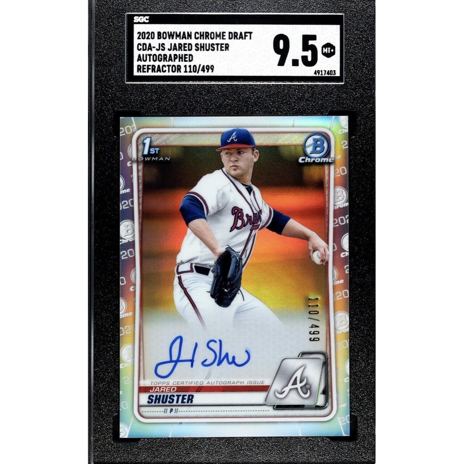 Jared Shuster 2020 Bowman Chrome Draft Refractor autographed RC card graded 9.5, serial #110/499