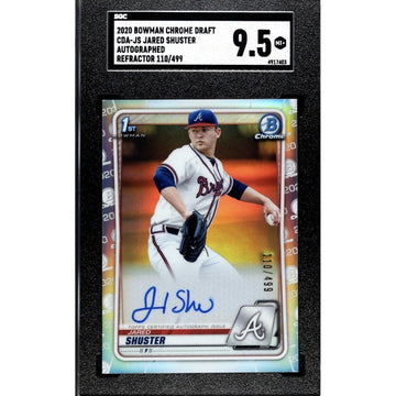 Jared Shuster 2020 Bowman Chrome Draft Refractor autographed RC card graded 9.5, serial #110/499