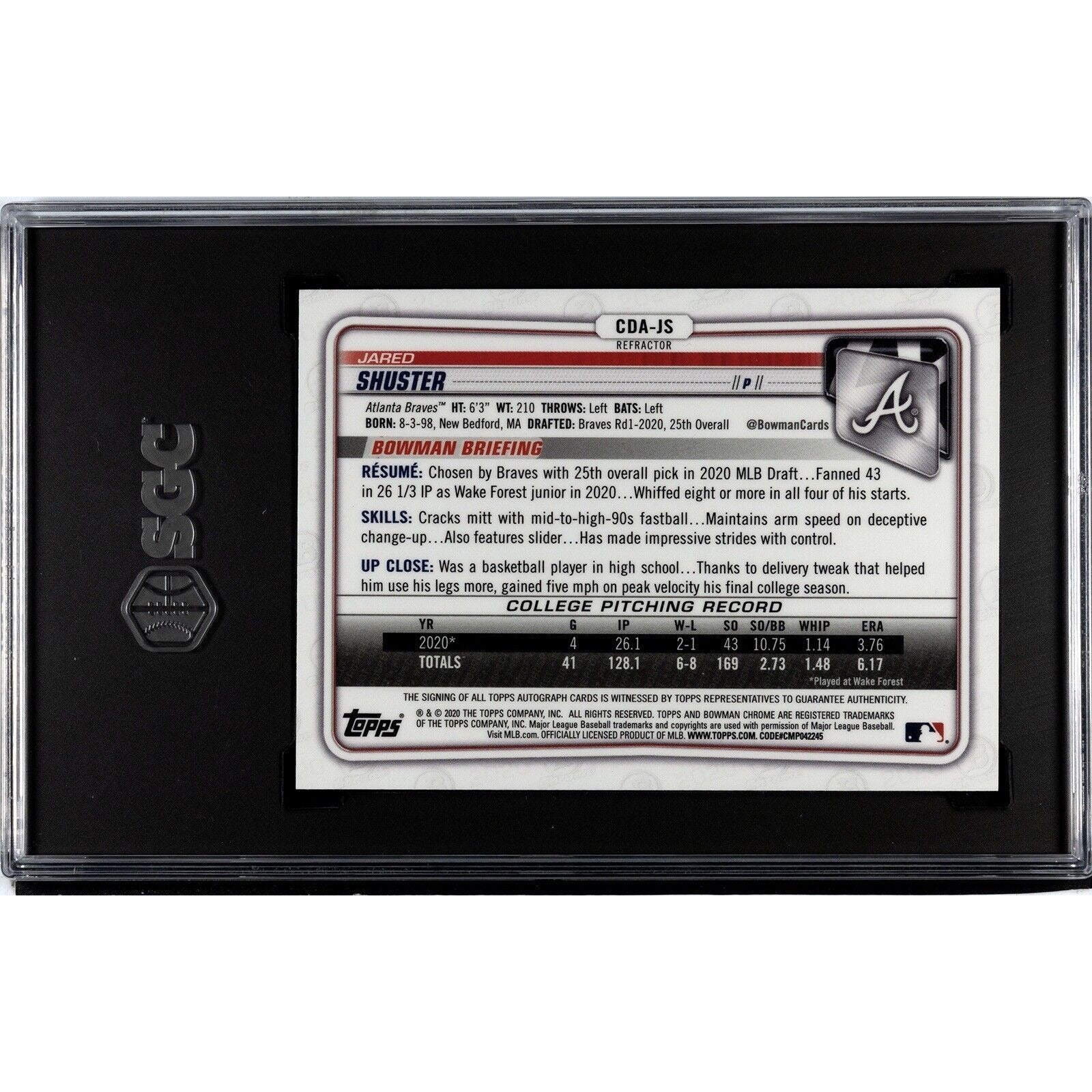 Jared Shuster RC 2020 Bowman Chrome Draft Refractor baseball card SGC 9.5 graded