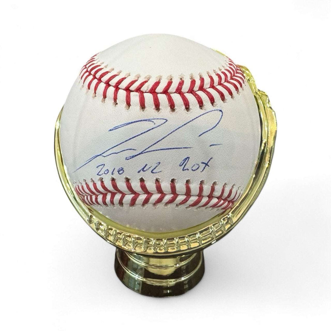 Ronald Acuña Jr signed baseball with 2018 NL ROY inscription in gold display stand