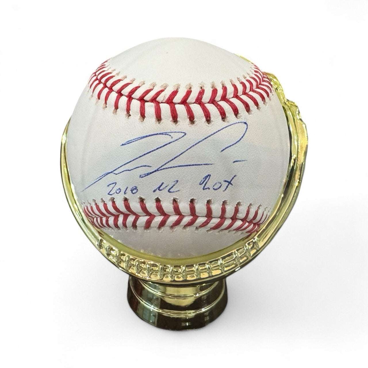 Ronald Acuña Jr signed baseball with 2018 NL ROY inscription in gold display stand