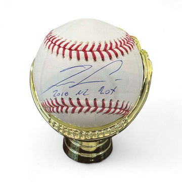 Ronald Acuña Jr signed baseball with 2018 NL ROY inscription in gold display stand