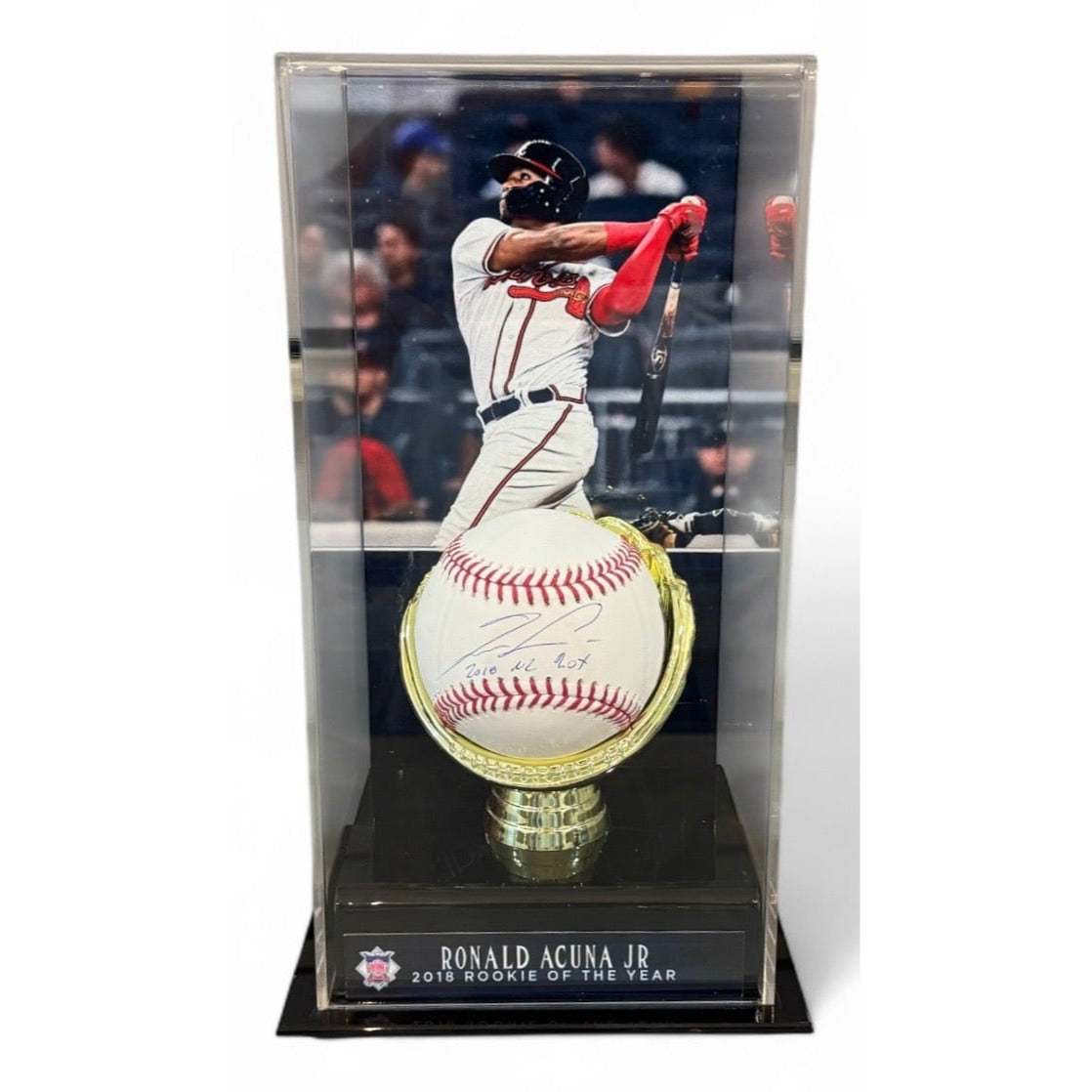 Ronald Acuña Jr signed baseball with 2018 NL ROY inscription in display case with player image