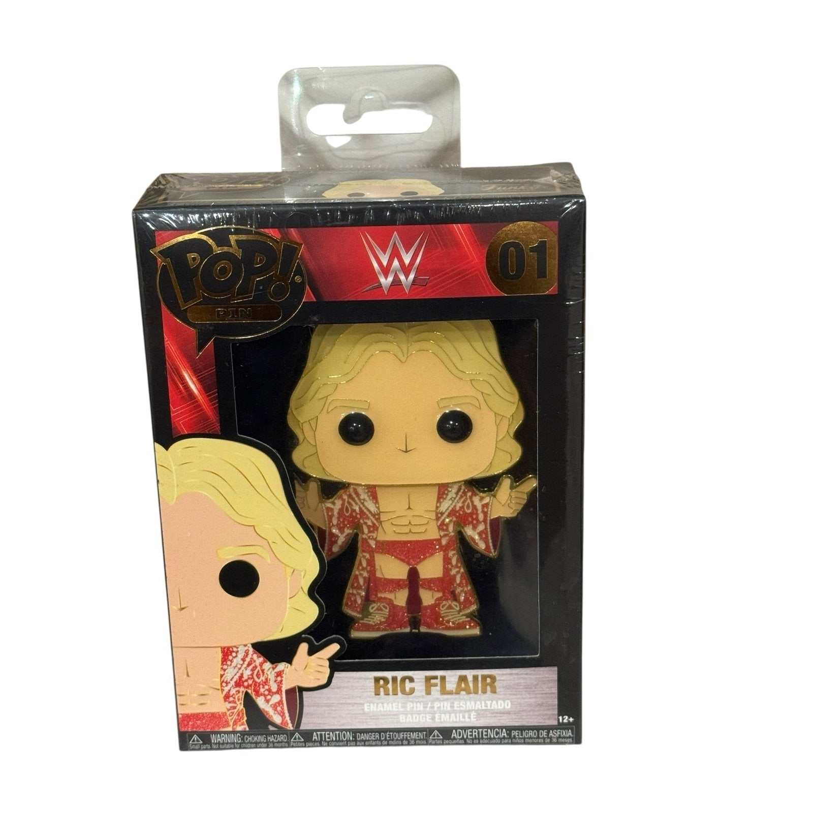 Funko Pop Pin WWE Ric Flair #01 enamel collectible with red robe design in packaging