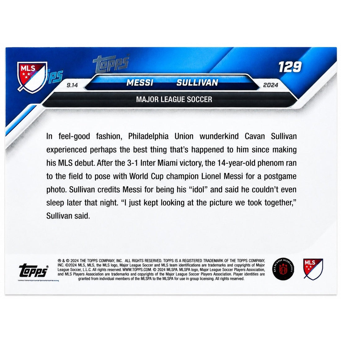 5002 Printed Lionel Messi Cavan Sullivan RC 2024 Topps NOW MLS Card 129