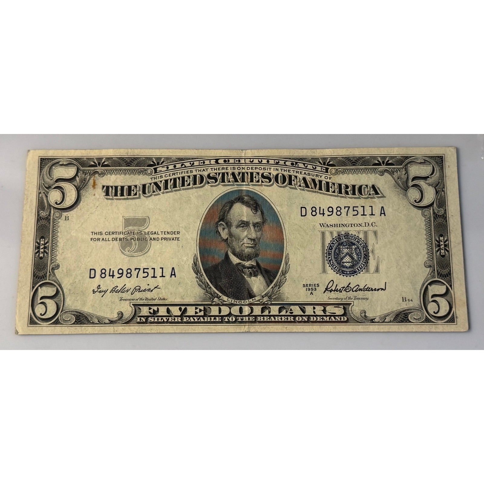 *1953**! A $5 Silver Certificate Blue Seal Priest Anderson Circulated US Note**!