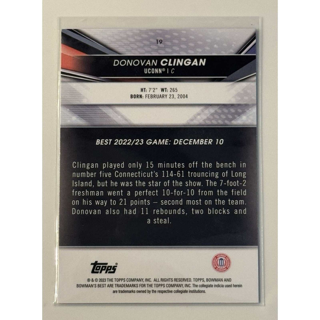 2022 Bowman University Donovan Clingan UCONN rookie basketball card signed
