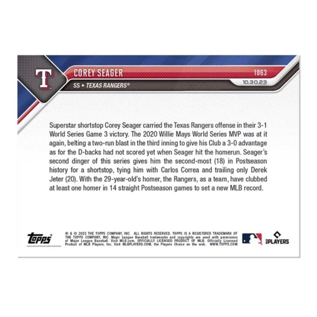 World Series 2023 Corey Seager Texas Rangers game-winning home run Topps NOW baseball card