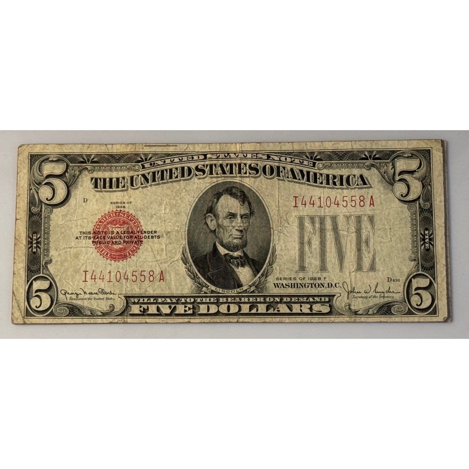 1928 F Vintage $5 Red Seal Lincoln Note Clark Snyder Circulated US Legal Tender