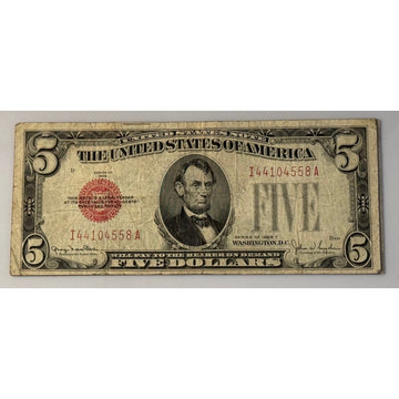 1928 F Vintage $5 Red Seal Lincoln Note Clark Snyder Circulated US Legal Tender