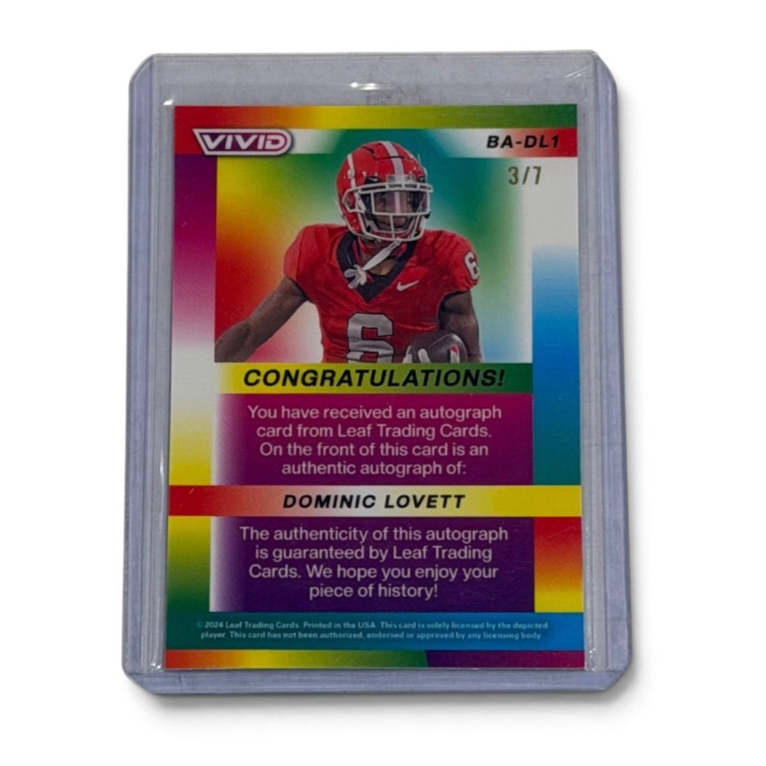 Dominic Lovett RC Auto 3/7 2024 Leaf Vivid BA-DL1 UGA Georgia Bulldogs