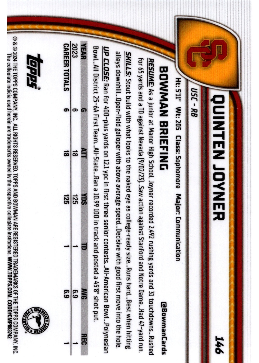Quinten Joyner Bowman Quinten Joyner 1st Bowman 2024 Bowman Chrome U 146 USC RB Football
