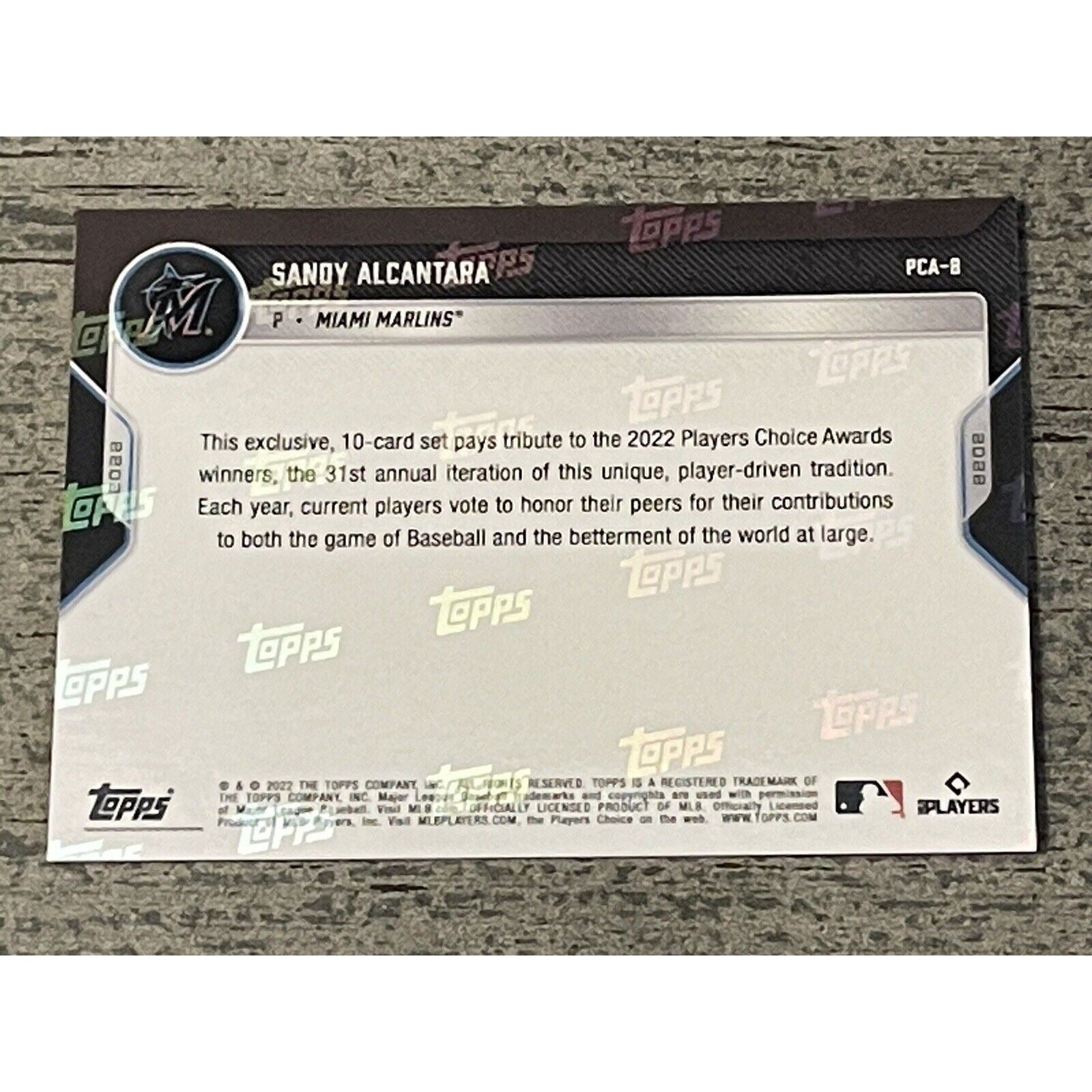 Sandy Alcantara 2022 Topps Now MLB card featuring Miami Marlins Outstanding Pitcher of the Year