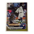 Limited edition 15/50 Bo Bichette 2025 Topps Now World Series Gold Parallel baseball card featuring Toronto Blue Jays player in action