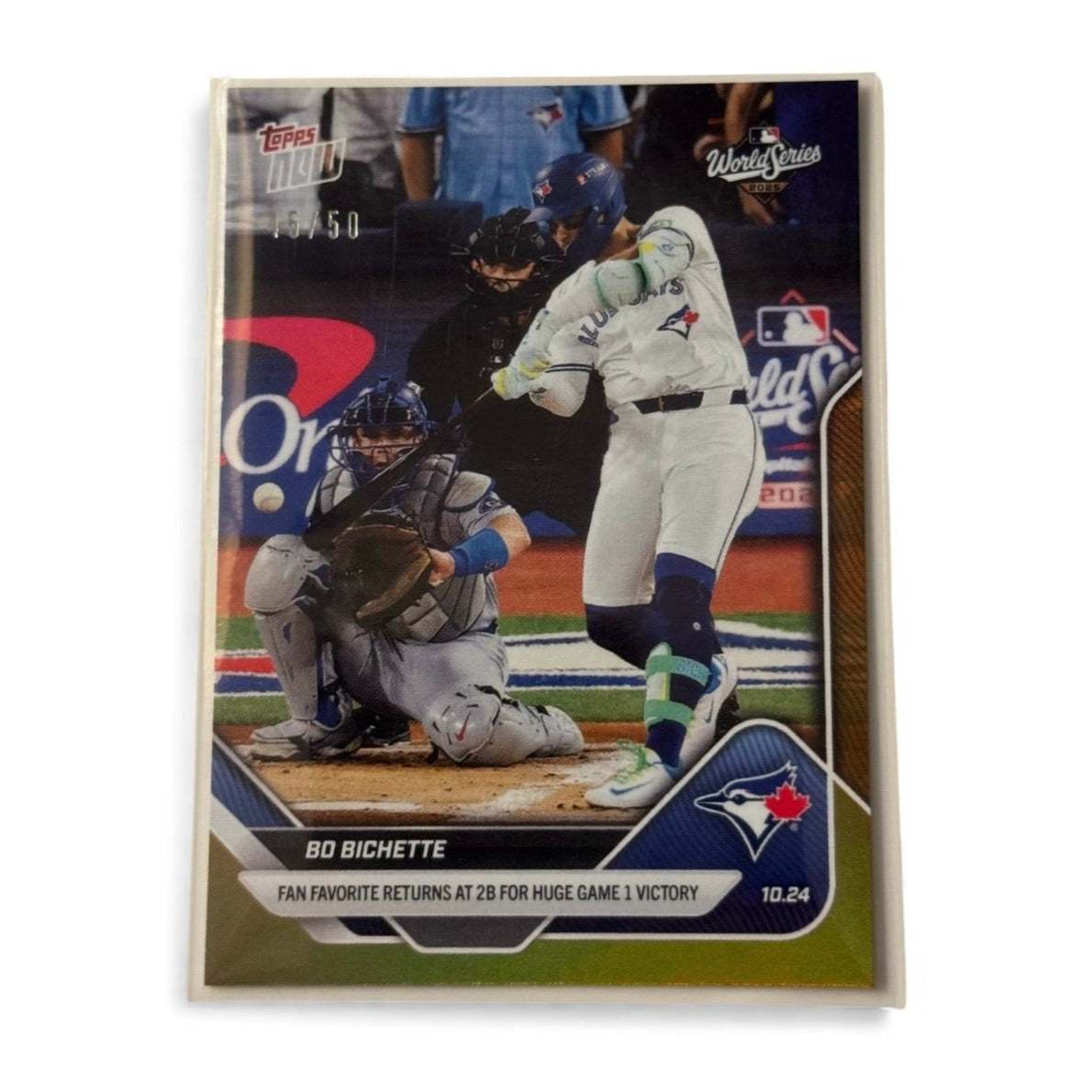Limited edition 15/50 Bo Bichette 2025 Topps Now World Series Gold Parallel baseball card featuring Toronto Blue Jays player in action