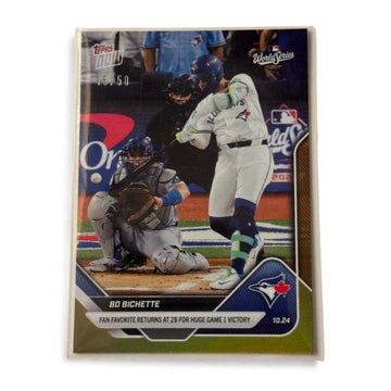 Limited edition 15/50 Bo Bichette 2025 Topps Now World Series Gold Parallel baseball card featuring Toronto Blue Jays player in action