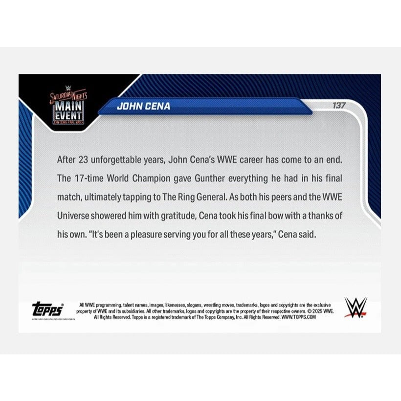 John Cena Topps NOW John Cena 2025 Topps NOW WWE 137 Final Match Farewell Last Real Champion
