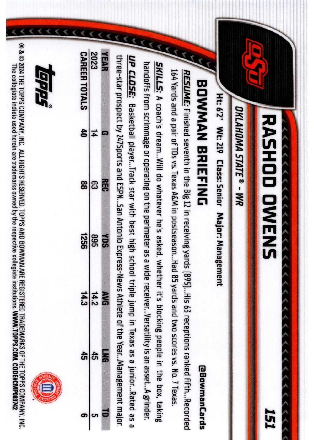 Rashod Owens Bowman Rashod Owens 1st Bowman 2024 Bowman Chrome U 151 Oklahoma State WR
