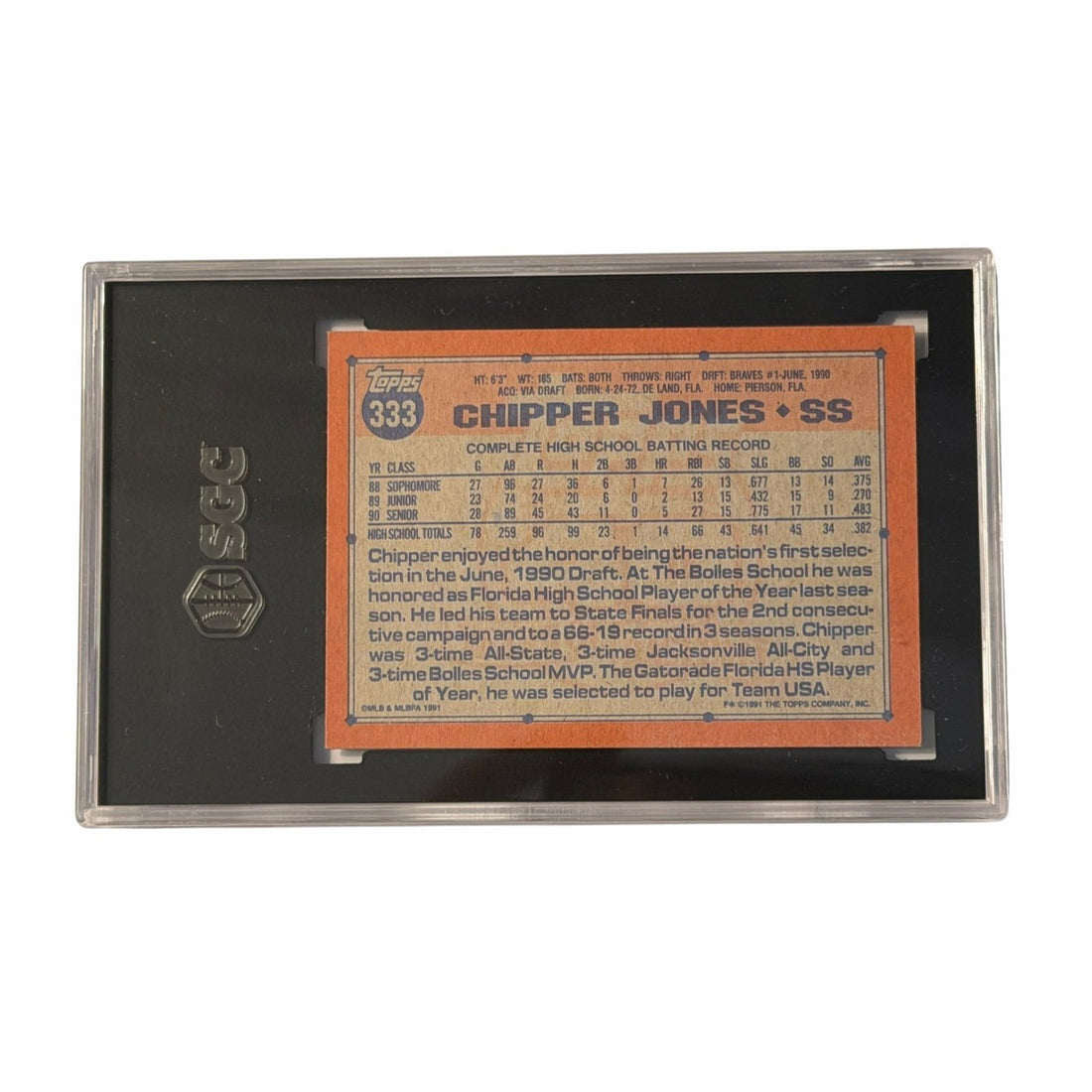 Chipper Jones RC 1991 Topps #333 SGC 6 MLB Atlanta Braves Rookie #1 Draft Pick