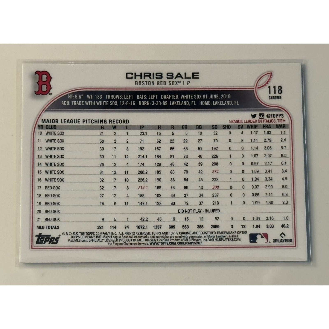 2022 Topps Chrome Chris Sale MLB Boston Red Sox baseball card near mint condition