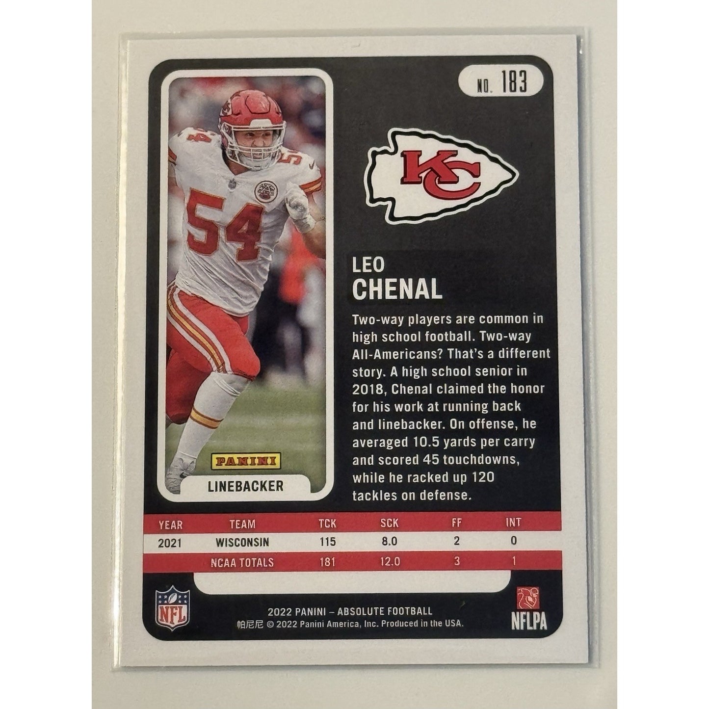 2022 Panini Absolute - Silver Base Rookie #183 Leo Chenal - Kansas City Chiefs