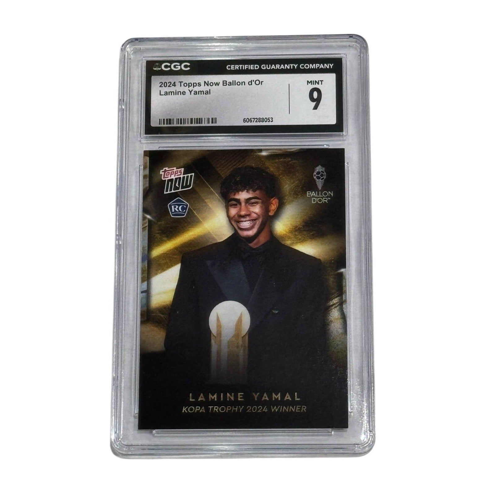 Lamine Yamal RC 2024 Topps Now Ballon d’Or Rookie CGC 9 graded soccer card with Kopa Trophy and Barcelona crest
