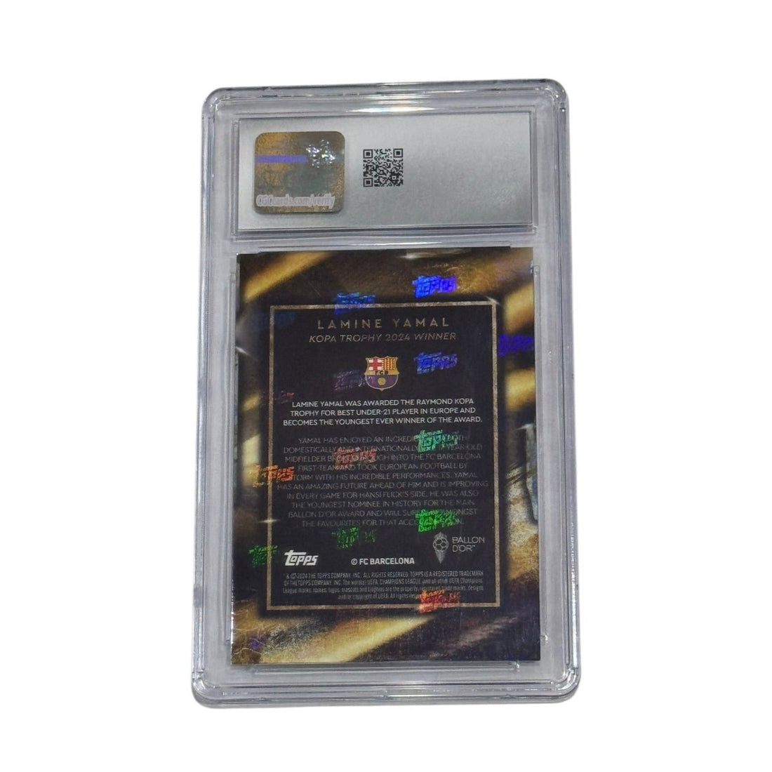 Lamine Yamal RC 2024 Topps Now Ballon d’Or Rookie CGC 9 graded soccer card with Kopa Trophy and Barcelona crest
