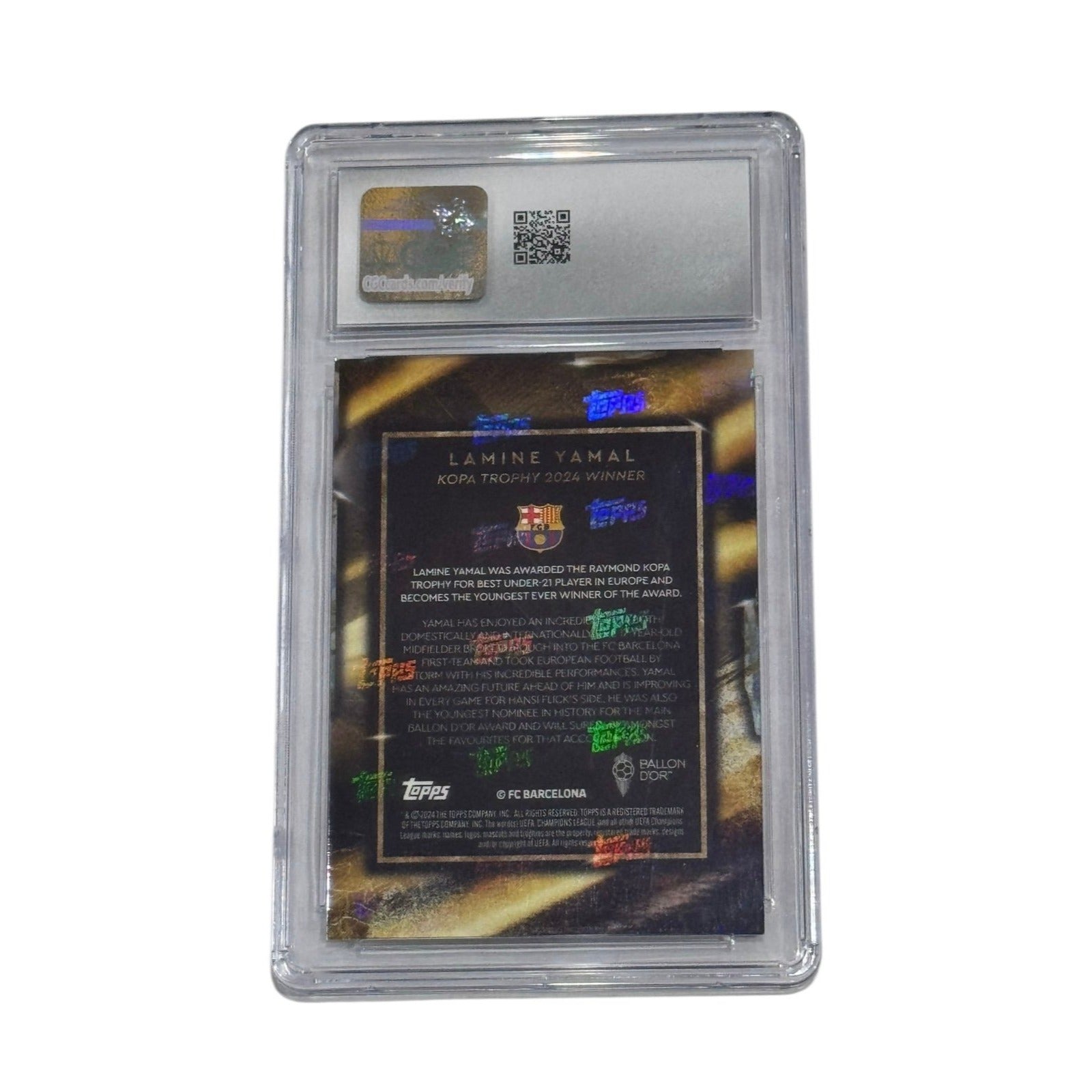 Lamine Yamal RC 2024 Topps Now Ballon d’Or Rookie graded CGC 9 with Kopa Trophy and Barcelona crest collectible card