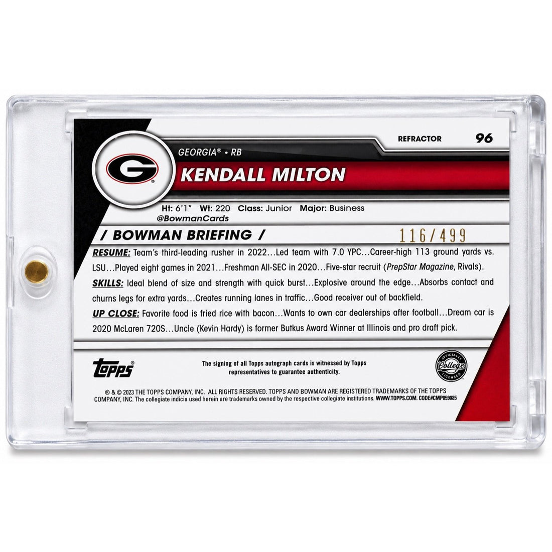 Kendall Milton RC /499 1st Bowman Chrome Auto Georgia Bulldogs UGA #96