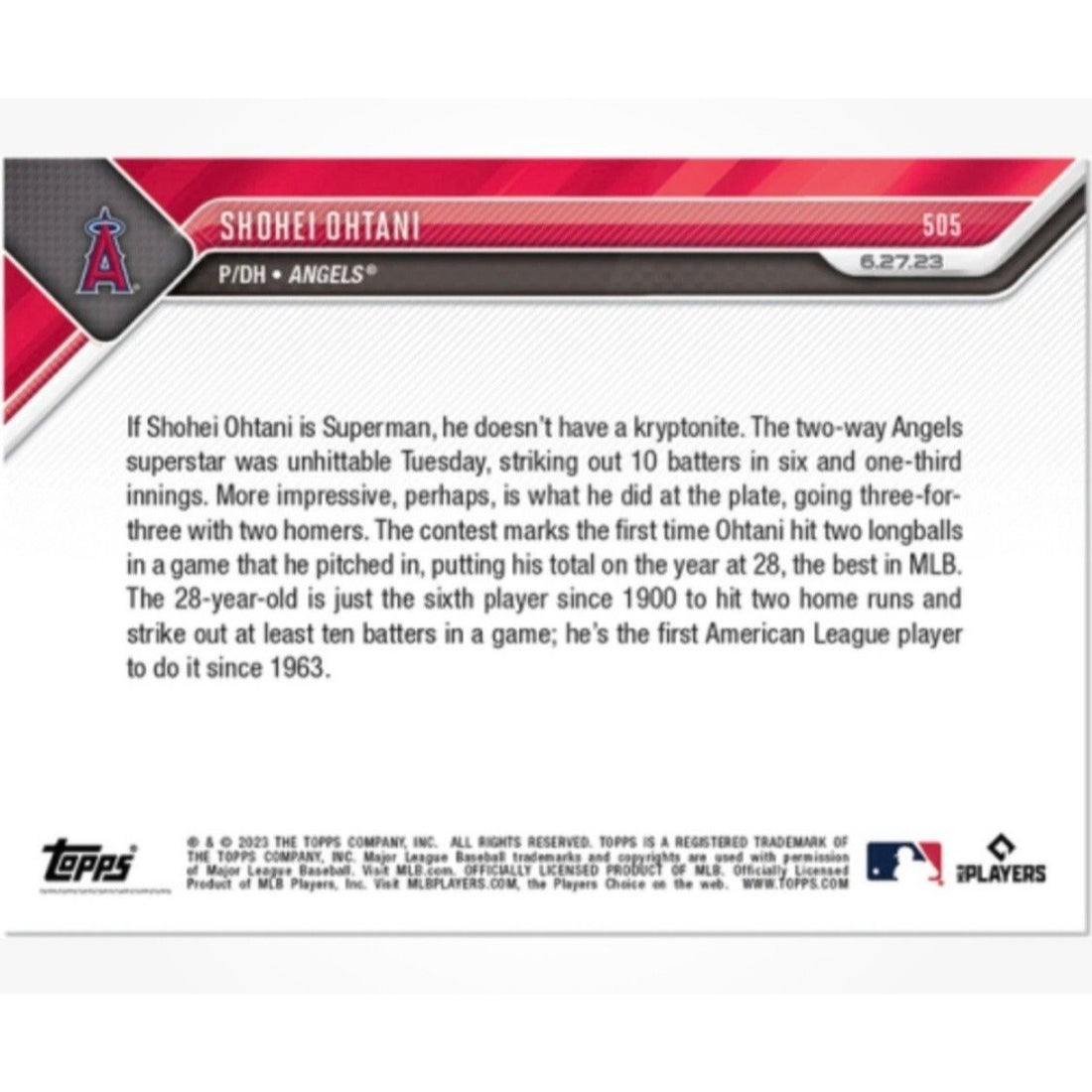 Shohei Ohtani 2023 Topps NOW #505 MLB Angels Dodgers 10 Ks 2 HRs Historic