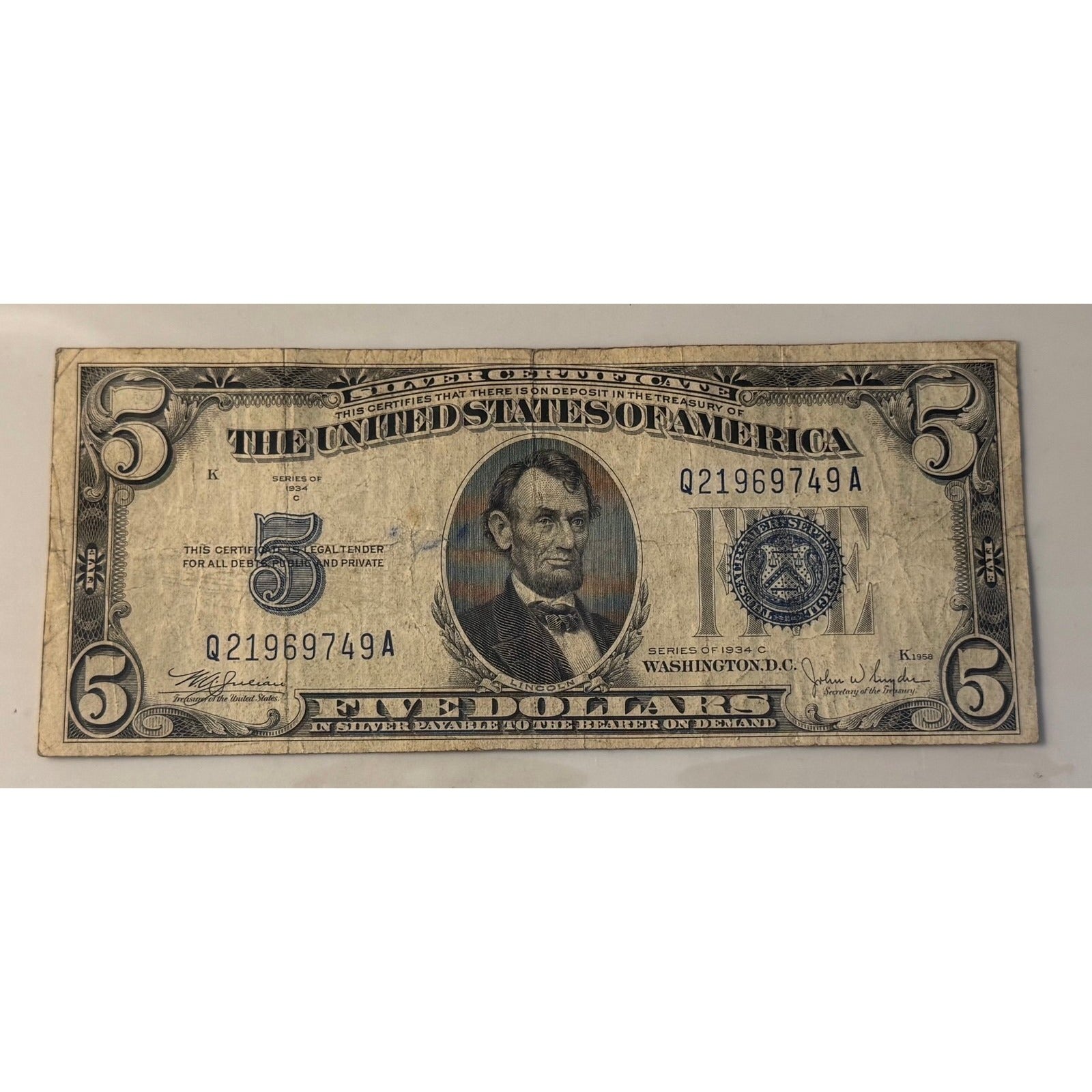 **!1934**! C $5 Silver Certificate Blue Seal Lincoln Note Vintage US Currency**!