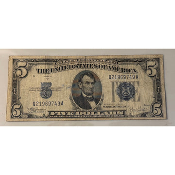 **!1934**! C $5 Silver Certificate Blue Seal Lincoln Note Vintage US Currency**!