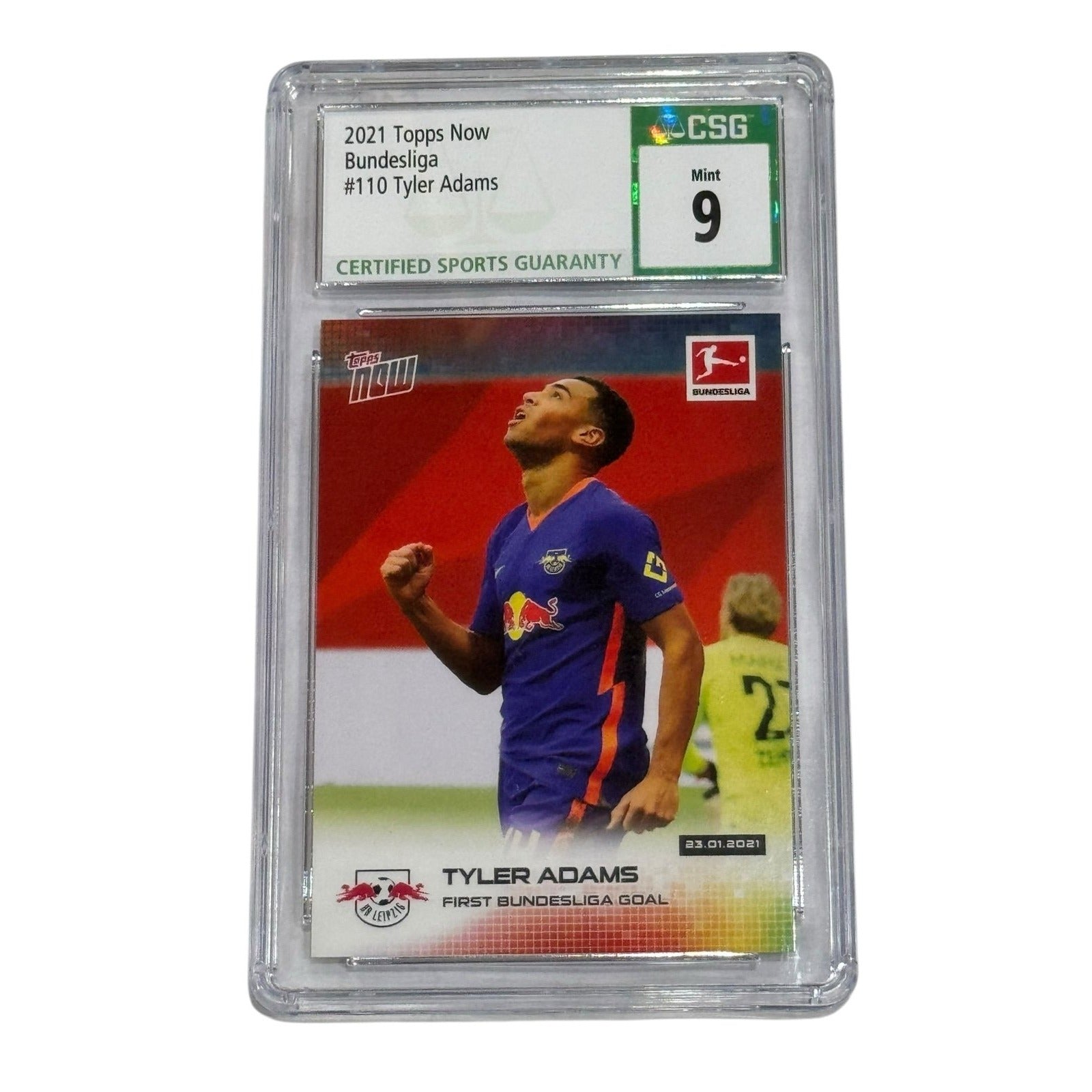 Tyler Adams 2021 Topps Now Bundesliga #110 graded CSG 9 soccer card celebrating first Bundesliga goal
