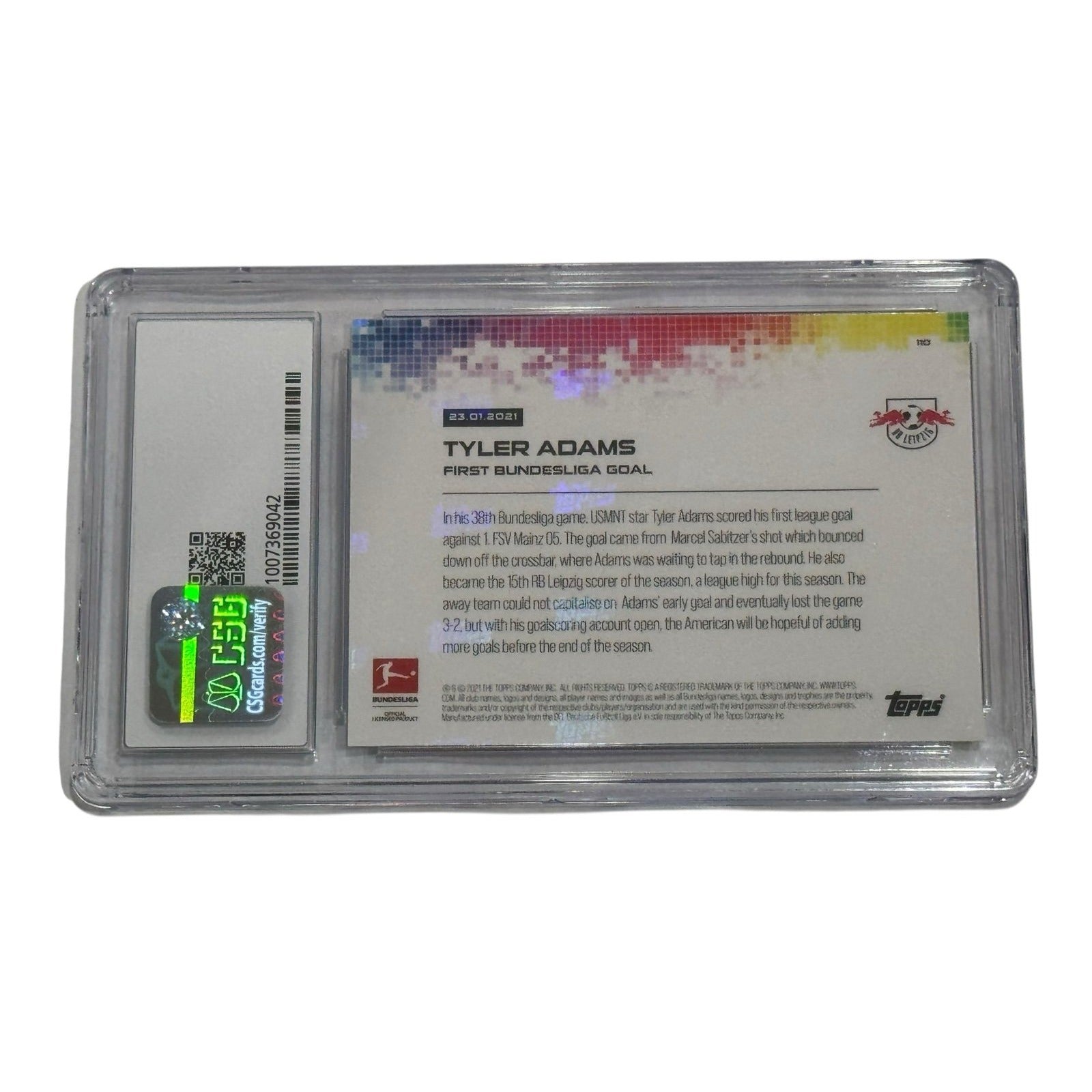 Tyler Adams 2021 Topps Now Bundesliga #110 graded card celebrating first Bundesliga goal for RB Leipzig in mint condition