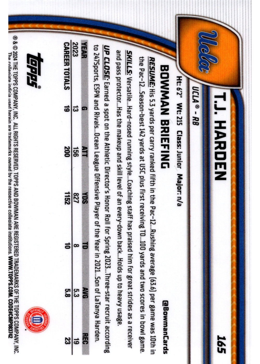 T.J. Harden Bowman T.J. Harden 1st Bowman 2024 Bowman Chrome U 165 UCLA RB Football