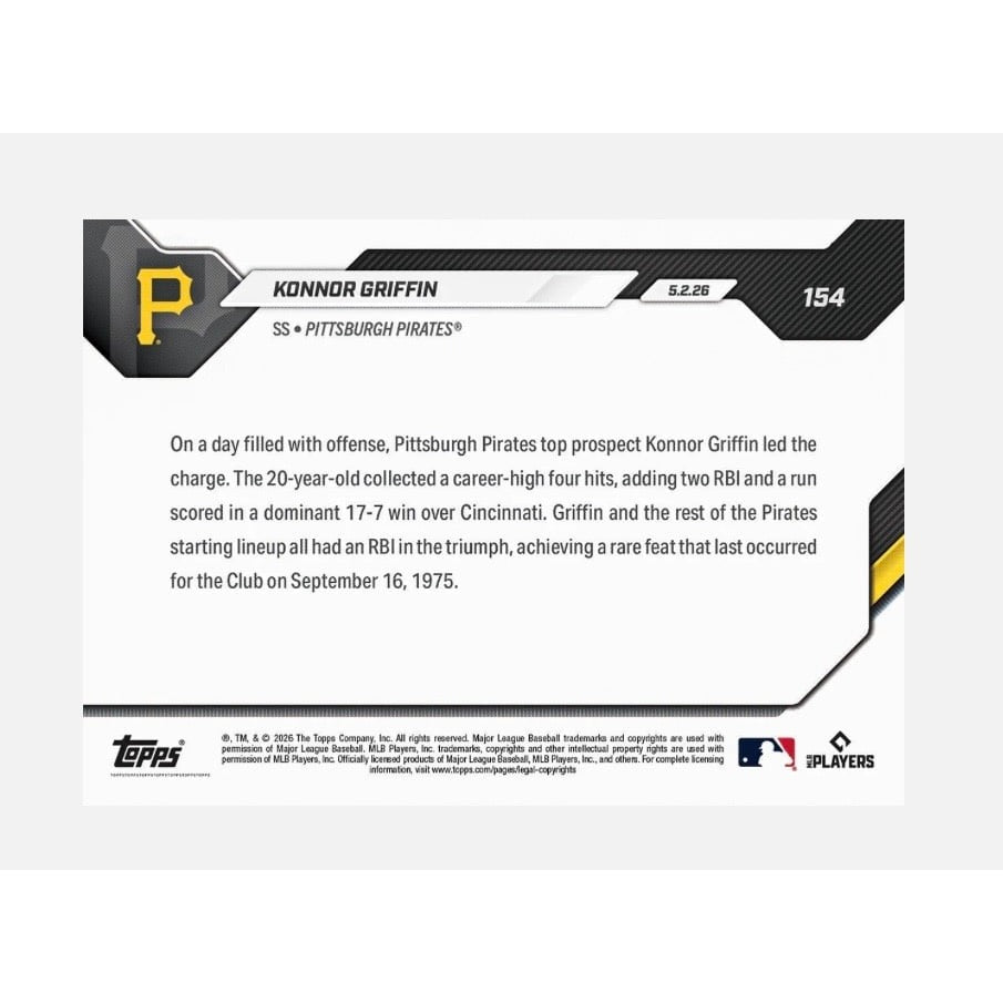 6128 PR Konnor Griffin RC 2026 MLB Topps NOW Card 154 Pirates 4 Hit Game