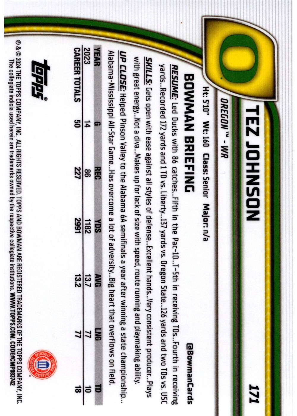 Tez Johnson Bowman Tez Johnson 1st Bowman 2024 Bowman Chrome U 171 Oregon WR Football